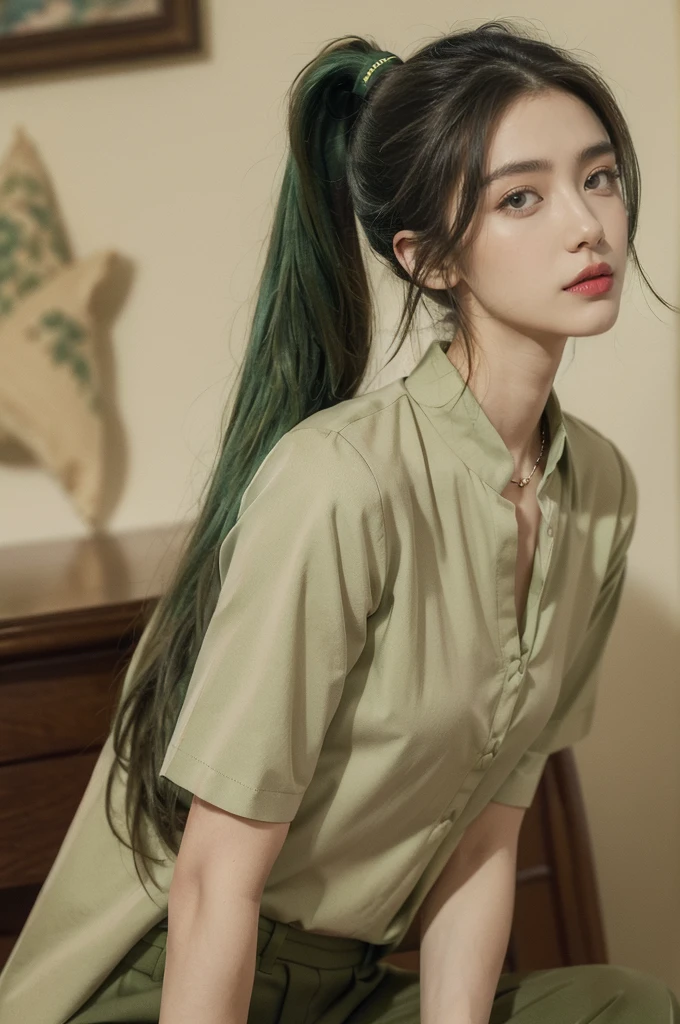 (((best quality))),(((ultra detailed))),(((masterpiece))),illustration,((1 beautiful young girl,female soldier,solo)),(short ponytail:1.3),((slim,thin)),((small breasts,flat chest)),determined,professional,demeanor,(light green collared short-sleeved shirt:1.3),(dark green trousers:1.2),military,affiliation,background,military conference room,walls,maps,battlefields,strategic points,markings,(large red flag),nation's unity,strength,seriousness,planning,important discussion,rigid posture,focused expression,confidence,respectability,bright intense eyes,analyzing situation,contribute thoughts,ideas,charm,powerful,intense atmosphere,freezes moment in time,essence,striking appearance,(night scene:1.2),((from front,upper body))