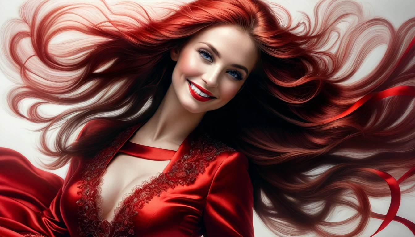 Un portrait hyperréaliste d'une sublime femme heureuse et rayonnante, sourire radieux, femme aux cheveux couleur rouge sombre foncé très_long et très détaillés, ((long cheveux couleur rouge sang  foncé), portant une longue robe de satin et fines dentelles fractales , (décolletée push-up) , regard intense et sensuel , ((pose dynamique, proportions parfaites, masterpiece, hyperRéaliste, masterpiece, superior quality, high resolution, Extremely detailed, highly detailed 8K wallpaper)), détails fractales, arrière plan futurist, big breasts, sublime décolleté profond, poitrine brillante fluorescente,