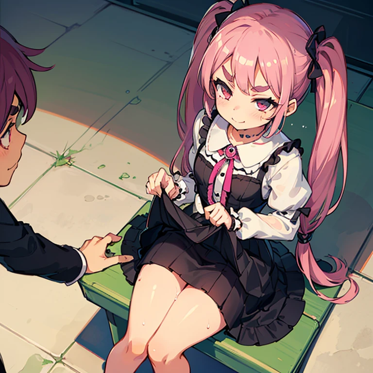 ( 4 diferent girls having sex),4 Girls with pink hair, long twintail hairstyle, ((small bushy eyebrows)), wearing gothic lolita clothing, lolicon , walking to school, flirty smile,, walking to school, bored look, bored face,, (sitting with legs open lifting her skirt to show her vagina wet with semen),1 boy having sex with the girls, scaried young boy
