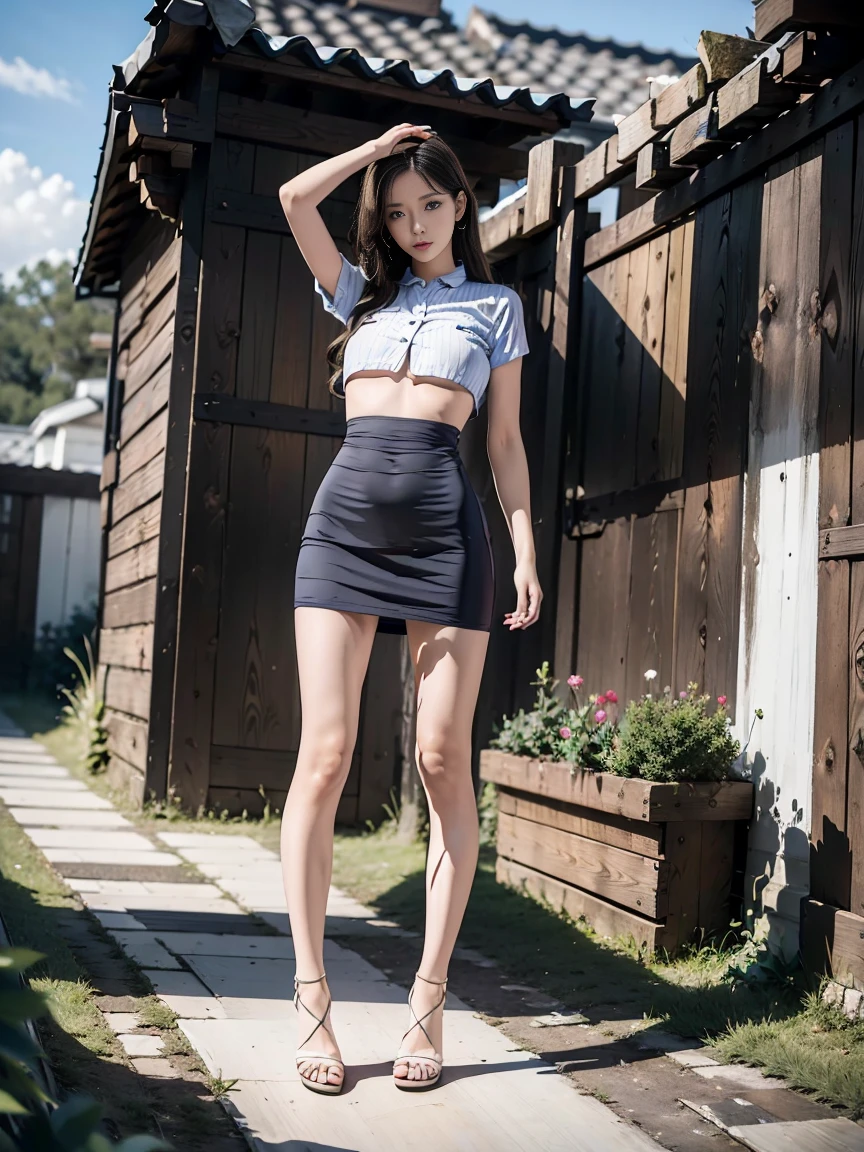 ((highest quality)), ((masterpiece)), (big with details), perfect face、Accurate five-fingered hands、double eyelids、small face、long wavy hair、realistic skin texture、full body shot、long legs、Beauty、((thin silk mini skirt、topless))、Intelligent smile、Model proportions、slender body、Moist eyes、(((walk with long strides)))