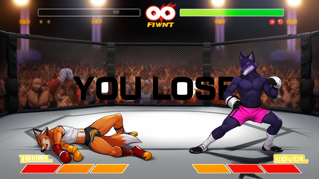 a detailed picture of a boxing match (male anthros, two boy), slim body, slim features, in a boxing ring, Ross Tran, ruan jia, trending on artstation, foxovh,User Interface of Fighting game, Crisis, assorted poses, assorted expression, full body, sound effects, motion blur, from side, ((fox, blue shorts, knocked out on the floor)), (((purple wolf, white shorts, boxing pose))) “VS”