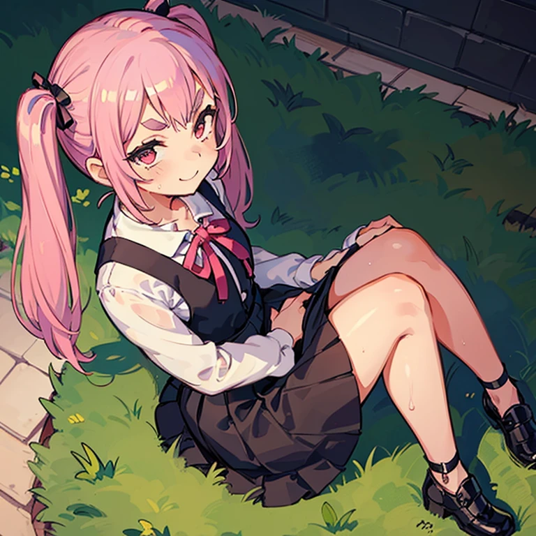 Girl with pink hair, long twintail hairstyle, ((small bushy eyebrows)), wearing gothic lolita clothing, lolicon , walking to school, flirty smile,, bored look, bored face,, (sitting with legs open lifting her skirt to show her vagina wet with semen),  male pov, looking from above view
