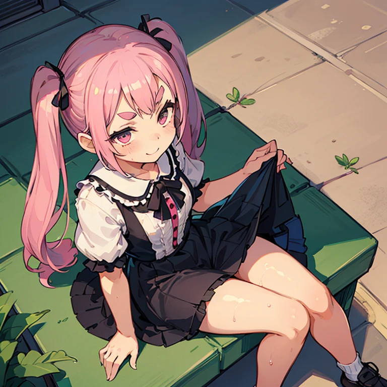 Girl with pink hair, long twintail hairstyle, ((small bushy eyebrows)), wearing gothic ta clothing, loli, walking to school, flirty smile,, bored look, bored face,, (sitting with legs open lifting her skirt to show her vagina wet with semen), male pov, looking from above view