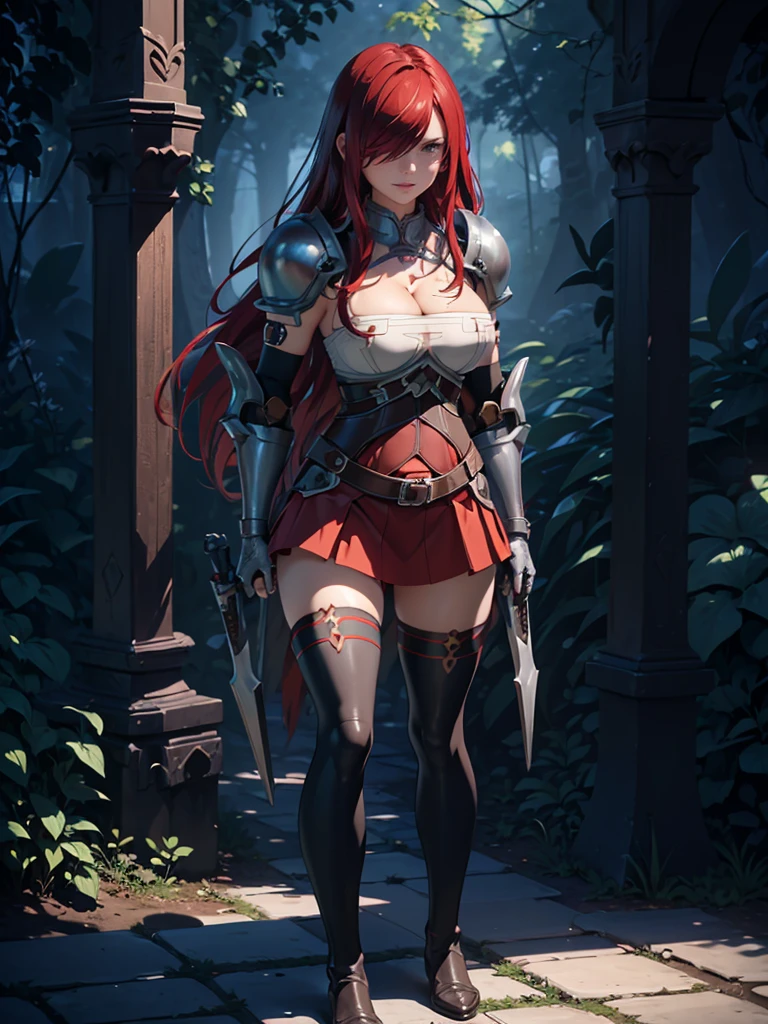 ((1girl, solo)), (((mature female))), beautiful body, (perfect anatomy, perfect body, perfect hands, perfect legs), (five fingers:1.5), natural proportions, sexy body, large breasts, cowboy shot BREAK
((extremely detailed face)), (beautiful detailed eyes:1.6), (realistic pupils, realistic iris:1), expressive eyes, looking at viewer, (clear eyes:1.3), (hyperrealistic:1.2), (detailed skin texture:1.2), smooth skin, (red hair:1.5), brown eyes, long hair, parted bangs, (hair over one eye:1.5), (detailed lips:1.2), (attractive lips:1.1), (glossy lips:1.1), (smile), parted lips, perfect face, perfect eyes BREAK
female knight, long sleeves, fantasy armor, (cleavage:1.3), breastplate, (shoulder armor:1), (arm guard:1.3), armor gloves, (micro mini skirt:1.5), zettai ryouiki, thighs, thighhighs, (greaves:1.3), armored boots, belt BREAK
(outdoors:1.5), (day:1.5), (town), trees, (shade of trees:1.2), (fantasy setting:1.5) BREAK
(masterpiece:1.5), anime-style, top quality, best quality, (beautiful and aesthetic:1.2), (ultra detail:1.5), Ultra-detailed depiction, Ultra-precise depiction, extremely detailed 8k illustration, high resolution, (highly detailed shading:1.2), (realistic lighting:1.4), perfect lighting, vibrant colors, dynamic tones, striking hues, 8k, absurd resolution, perfect shadows, hdr, UHD, ambient lighting, realistic, ultra-realistic, photo realistic, highly detailed, rich detail, luminous colors, fine texture, intricate design, professional illustration, (soft light:1.2), (illustration:0.7)