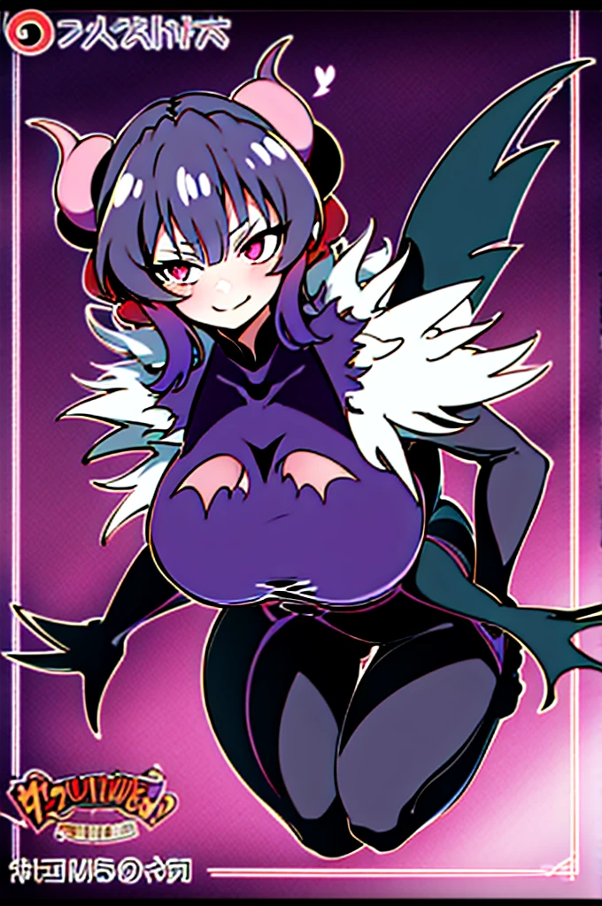 Draw a face carefully　High quality anime style faces　Black Hair　Black full body suit　Purple pantyhose with bat print　Attractions　Laughter　Morrigan Aensland　Rear View