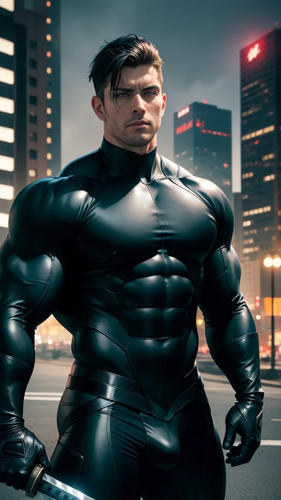 ((realistic: 1.5)),((best quality)), ((masterpiece)),((detailed)), male ninja, Vigilante, Caucasian American, handsome, photorealistic face,short hair, attack position,nightwing,vigilante tactical superhero outfit, katana on the back,wearing shiny black rubber suit, leather gloves,crop top shirt, abdominal muscles visible,chest visible, just outside of the city with evening cityscape in the background, huge biceps, huge muscles, muscular big body, wearing tight black rubber superhero suit,dick grayson,Nightwing