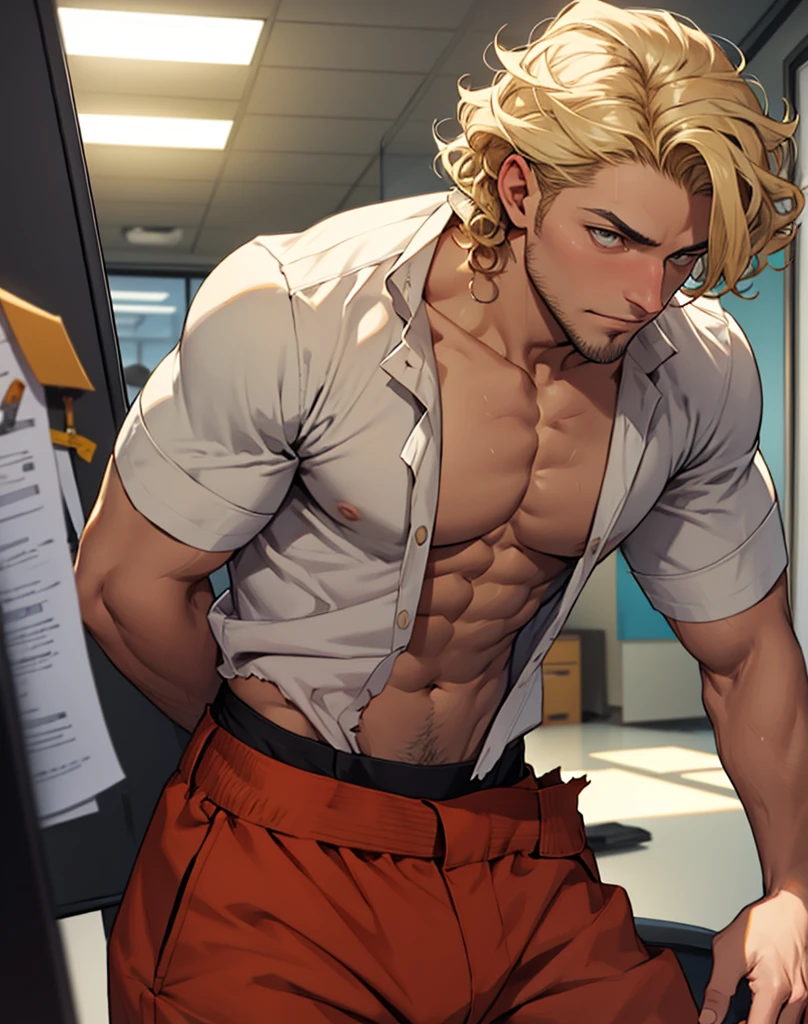 A man. man focus, torn office outfit, bare chest, can see from the waist up, muscle, muscle body, Curly hair, light blond hair, gratitude, gratitude face