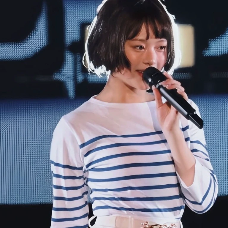 Close-up of a person holding a microphone in a room, Chiho, kiko mizuhara, Zia, 🚿🗝📝, The motto is Teshirogi, ayami kojima amano, nara michi, Yasumoto Oka, Dayam to whom, with bob cut, White hime cut hairstyle