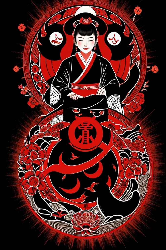 Image with the theme of Japanese culture, with a black and red background, including the phrase "Happiness has no end"