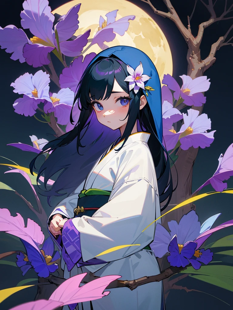 Anime illustration、masterpiece、Highest quality、A girl, , illuminated by the light of the thirteenth night moon、Long straight black hair reflected、Moonlight reflected、Hair ornament is white flower、Eye color is green、Japanese style kimono、The obi is white、The obidome has a Mizuhiki pattern.、Background with a pond in the distance、Lots of purple iris flowers、Kingfisher bird perched on a tree