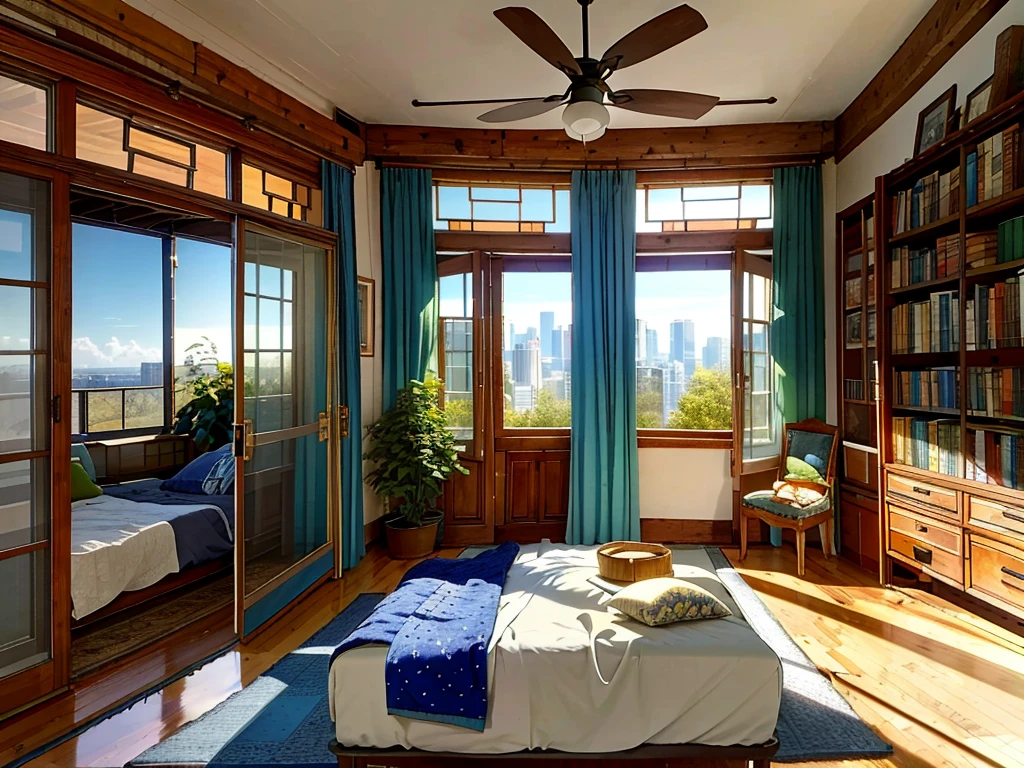 8K picture quality,Best quality,masterpiece,HD,Super rich detail,detailed,Comfortable bedroom,Large Windows,Floor-to-ceiling windows,big bed,There are pillows on the bed,Quilt,Essas roupas,notebook,There is a cabinet next to it,There are bookcases,There is a table,There are chairs,There are flowers,There is a wardrobe,There was a sofa,There are carpets,There are many books,Overall very comfortable,extremely clean,very useful,Large Windows,The scenery outside the window,There are various other flowers,and vegetable garden,There are a variety of vegetables inside,超HD真实感,Live photos,The overall color is mainly blue-green,Strong realism