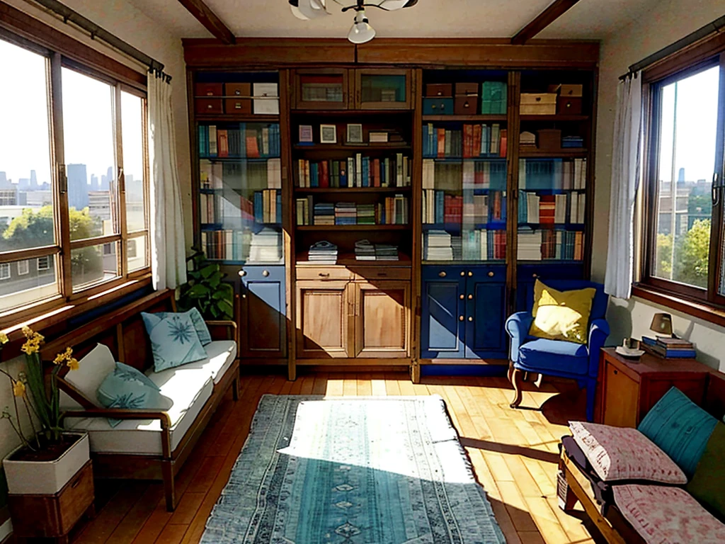8K picture quality,Best quality,masterpiece,HD,Super rich detail,detailed,Comfortable bedroom,Large Windows,Floor-to-ceiling windows,big bed,There are pillows on the bed,Quilt,Essas roupas,notebook,There is a cabinet next to it,There are bookcases,There is a table,There are chairs,There are flowers,There is a wardrobe,There was a sofa,There are carpets,There are many books,Overall very comfortable,extremely clean,very useful,Large Windows,The scenery outside the window,There are various other flowers,and vegetable garden,There are a variety of vegetables inside,超HD真实感,Live photos,The overall color is mainly blue-green,Strong realism