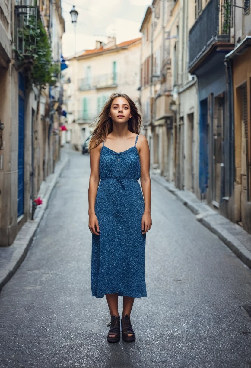 Une jeune femme debout dans la rue, arrière-plan flou, magnifique, photoréaliste