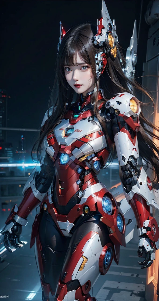 Super detailed, advanced details, high quality, 最high quality, High resolution, 1080P, Hard disk, beautiful,(Iron Girl),Beautiful cyborg woman,Mecha Cyborg Girl,battle mode,Mecha body girl,She wears an Iron Man mech,full body shot