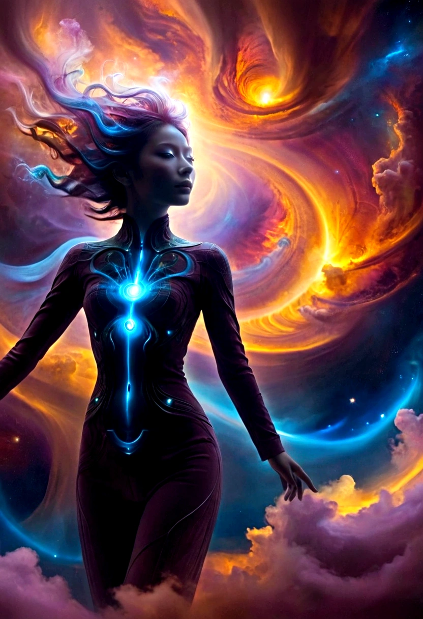 The spectacular scene:A figure emerged from the glowing clouds., Fractal nebula line, universe entities, Heavenly, universe, Lively, swirl, Rotation, unrealistic, High contrast, Symbolism, magic, mystery, mind bending, Surrealism, over-saturated, Colorfully