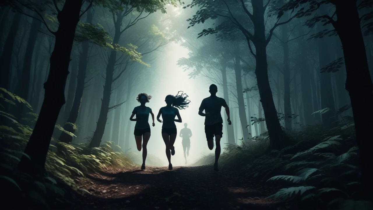 a man and a woman running through a dense forest, two silhouettes in motion, dramatic lighting, moody atmosphere, cinematic composition, dynamic poses, detailed foliage, realistic textures, volumetric lighting, high contrast, dramatic shadows, cool color palette, photorealistic, 8k, intricate details, masterpiece