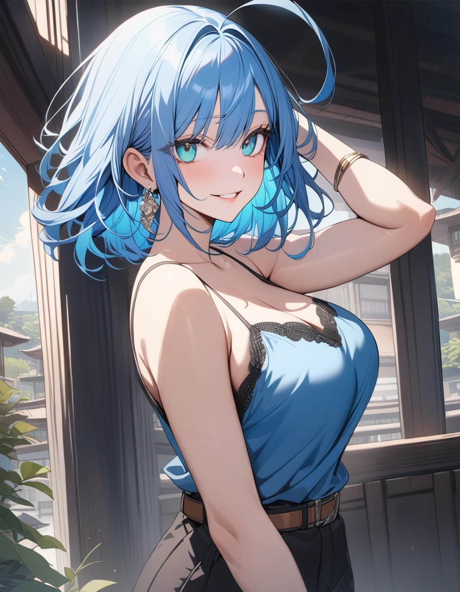 (Highest quality:1.2, three-dimensional, High Detail, masterpiece:1.2, Best aesthetics), (1 girl), Beautiful woman, Beautiful detailed eyes, Beautiful detailed lips, Highly detailed face, Delicate depiction of hair and eyes, Detailed Fashion, (detailed background:1.2) ((Portraiture, Cowboy Shot)), Aqua Eye, huge ahoge, Mouth open, Earrings, View your viewers, big breasts, upper body, full body from knees to head, gaze away, gaze into the distance, smile lightly, fancy nails, in Sibuya city, bracelet, medium hair, color inner hair, blue hair, tight camisole, slacks, belt