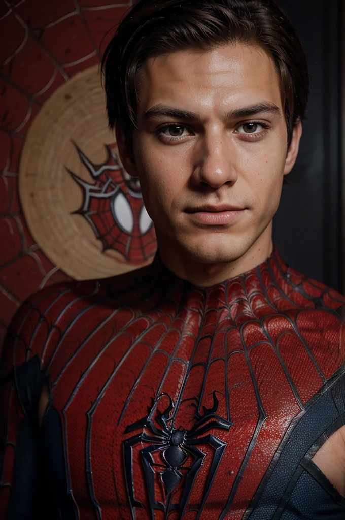 A photograph of spider man, no mask, 20 yo, handsome, detailed face, looking at camera, portrait, 8k uhd, high quality