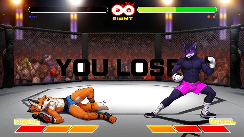 a detailed picture of a boxing match (male anthros, two boy), slim body, slim features, in a boxing ring, Ross Tran, ruan jia, trending on artstation, foxovh,User Interface of Fighting game, Crisis, assorted poses, assorted expression, full body, sound effects, motion blur, from side, ((fox, blue shorts, knocked out on the floor)), (((purple wolf, white shorts, boxing pose))) “VS”