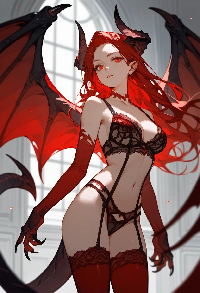 (score_9,score_8_up,score_7_up),1girl,girl demon,red hair,red eyes,wings,claws,lingerie,beautiful_face,