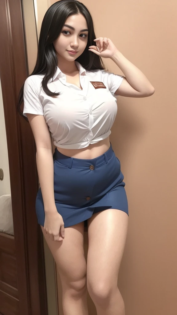a girl in the middle of hotel bed, long shot view, (Indonesian_high_school_uniform), distance from audience, detailed face, detailed eyes, thick huge breasts, detailed skin, looking at Viewer, clear light, (8k, RAW photo, best quality, masterpiece: 1.4), (realistic, realistic: 1.37), ultra-high resolution, photorealistic, high resolution, solo, wide muscular hips, realistic face, (detailed face), sexy pose, black hair Color, view from below, (busty), clean armpit, six pack belly, large breasts, full body angle, 19-years-old-girl, perfect thighs, muscular thighs, muscular arms, sitting on hotel bed with legs out, wearing sexy short skirt, wearing tight closed-button shirt, asian goddess, long hair, straight hairstyle, muscular belly, thick wide muscular hips, muscular arm, full body view, curvy body, tall body, smooth body, smooth legs, smooth skin