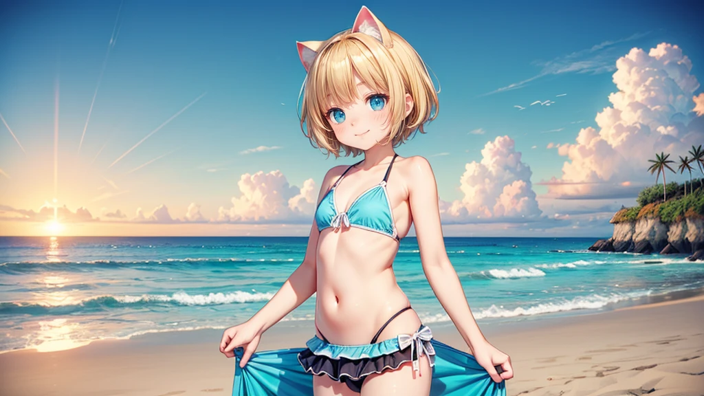 Turquoise Eyes、Cat ear、Absurd, Ultra-detailed,Bright colors,(solo),(From the side:1.2),(View your viewers:1.5) (Short blonde hair:1.2),Shiny Hair,(ピンクのSwimwear:1.5),Denim shorts,Delicate and beautiful face, blush、(Deep blue eyes:1.4), White skin, (A wistful smile:1.3),Beautiful Clouds,(Standing on the beach, looking to the side with a sad expression:1.3),look at the sea and sunset,At sunset,Waves crashing on the beach,sunlight,Light on the face、Cat ear、Belly button、Turquoise Eyes、Swimwear