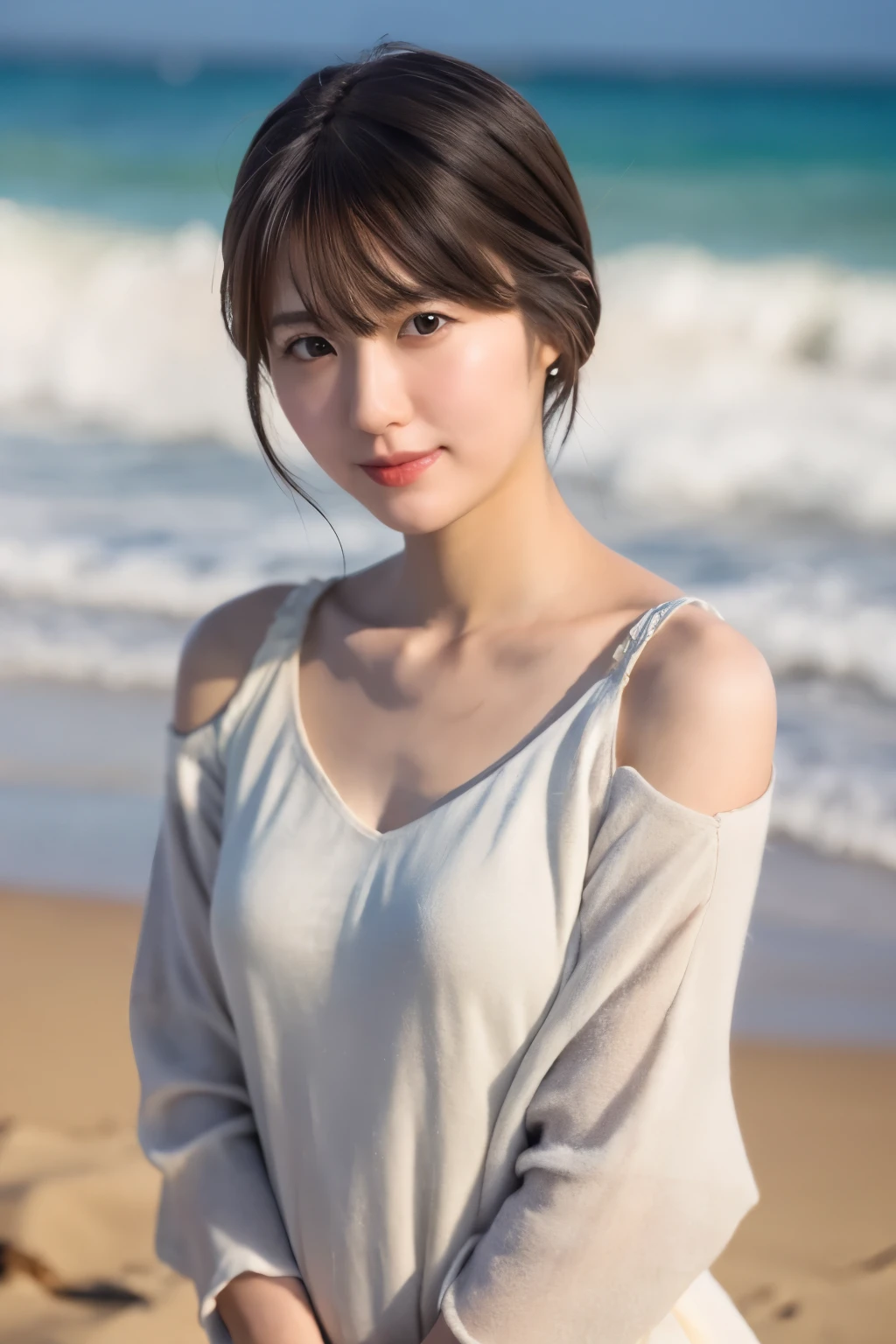 Top quality, realistic, perfect human body structure, very detailed, very delicate and beautiful, RAW photography, beach, professional lighting, luminescence, depth of field, single focal, full body, Skinny Japanese lady, 30 year old lady, brown hair, small head, beautiful eyes, real face, realistic skin, detailed eyes, (fashionable hairstyle: 1.3), sexy pose, absurderes, Incredibly Ridiculous res, Extremely fine, Blouse