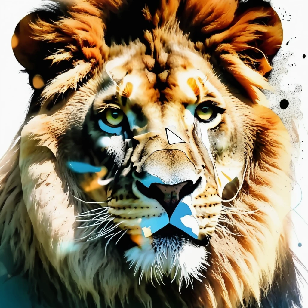 (double exposure:1.3) effect of a lion&#39;s skull in profile and fly agaric mushrooms, superimposed on a tranquil landscape, ultra detailed
