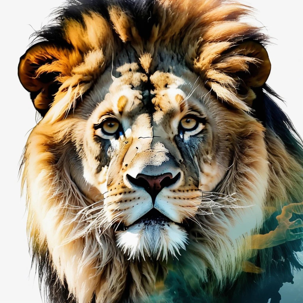 (double exposure:1.3) effect of a lion&#39;s skull in profile and fly agaric mushrooms, superimposed on a tranquil landscape, ultra detailed