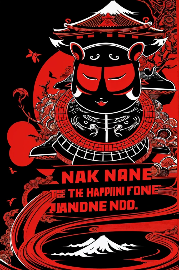 Image with the theme of Japanese culture, with a black and red background, including the phrase "Happiness has no end"