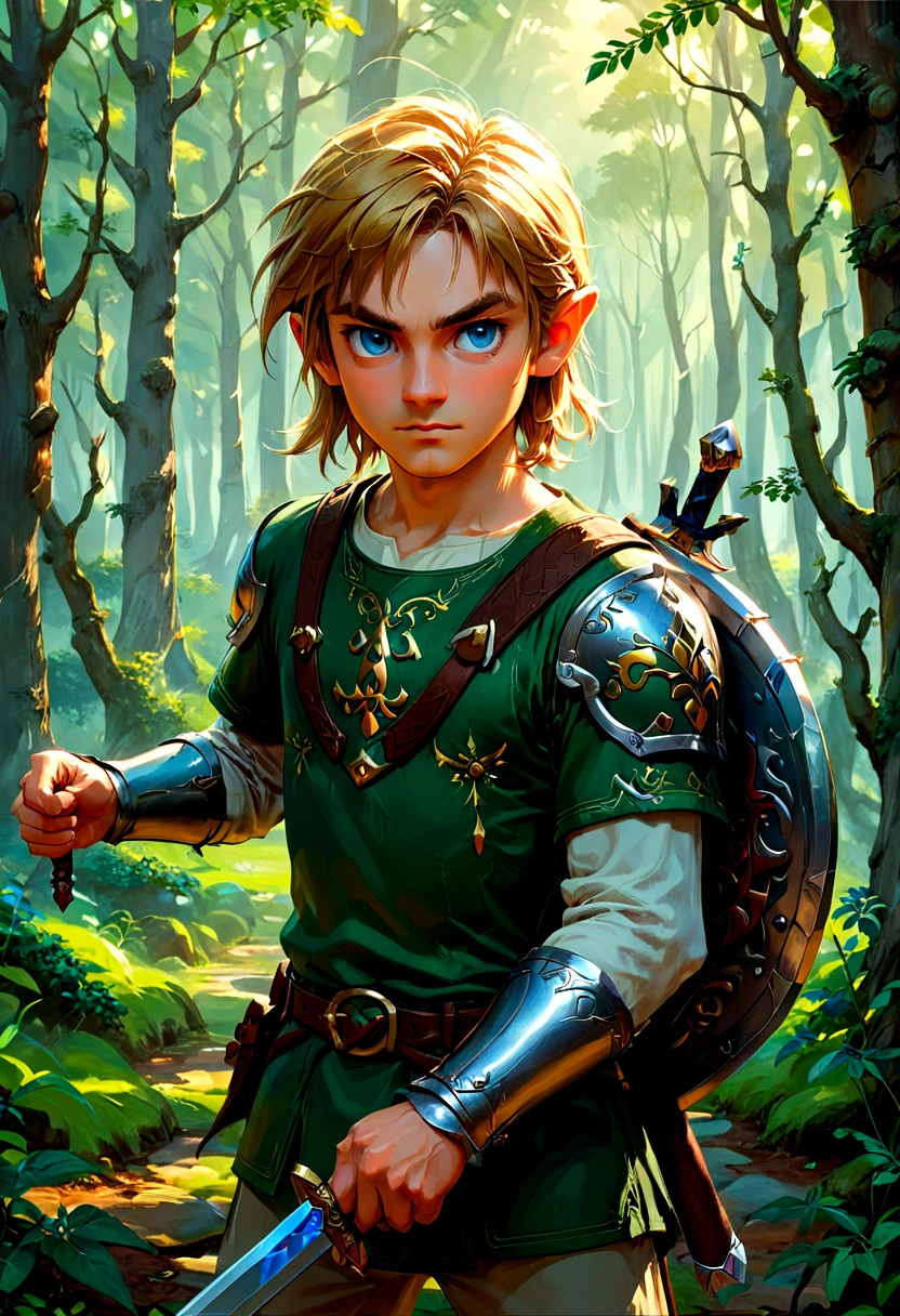 1boy, Link, The Legend of Zelda, Generate a high-fidelity, detail-oriented closeup of Link from the Legend of Zelda holding a sword and shield. The setting is a forest background, with elements such as trees and shrubs subtly included in the background. The image should mimic the texture and depth of an oil painting, expressing the character's confident nature yet also its beauty in a poignant and compelling way, influenced by the art of Lou Xaz, masterpiece, best quality, very aesthetic, absurdres