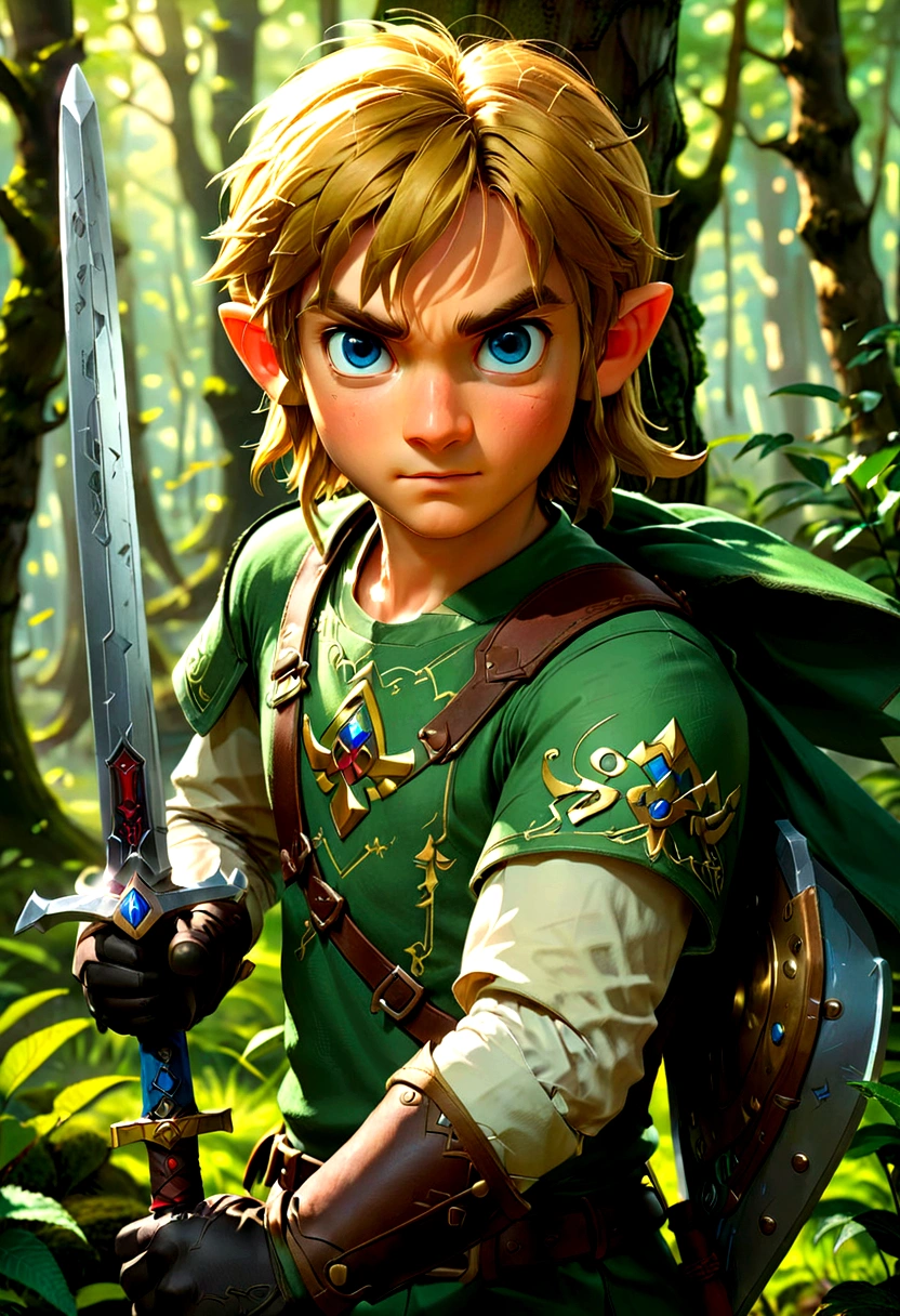 1boy, Link, The Legend of Zelda, Generate a high-fidelity, detail-oriented closeup of Link from the Legend of Zelda holding a sword and shield. The setting is a forest background, with elements such as trees and shrubs subtly included in the background. The image should mimic the texture and depth of an oil painting, expressing the character's confident nature yet also its beauty in a poignant and compelling way, influenced by the art of Lou Xaz, masterpiece, best quality, very aesthetic, absurdres