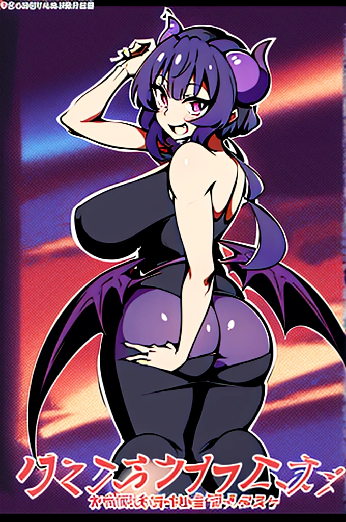 Draw a face carefully　High quality anime style faces　Black Hair　Black full body suit　Purple pantyhose with bat print　Attractions　Laughter　Morrigan Aensland　Rear View