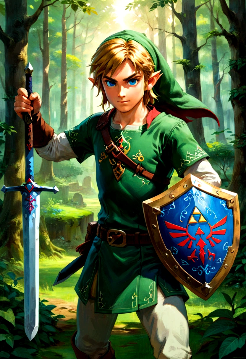 1boy, Link, The Legend of Zelda, Generate a high-fidelity, detail-oriented closeup of Link from the Legend of Zelda holding a sword and shield. The setting is a forest background, with elements such as trees and shrubs subtly included in the background. The image should mimic the texture and depth of an oil painting, expressing the character's confident nature yet also its beauty in a poignant and compelling way, influenced by the art of Lou Xaz, masterpiece, best quality, very aesthetic, absurdres