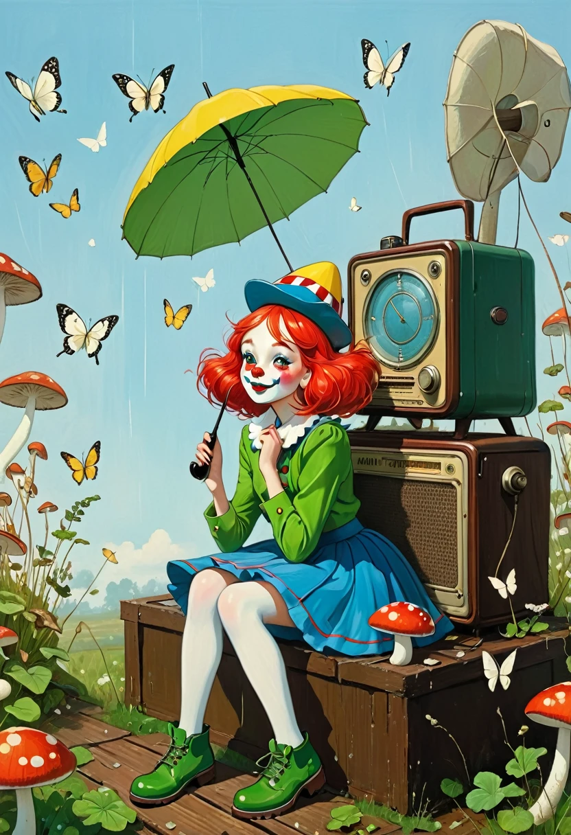Surreal painting ,Russian art, of a russian girl dressed in a skirt and clown hat sitting on an old radio playing music, holding an umbrella made from mushrooms, white butterflies flying around her face, in a colorful Moebius style. A man is standing next to her wearing a red hair wig, a blue uniform suit, big green boots, in the style of John Brack