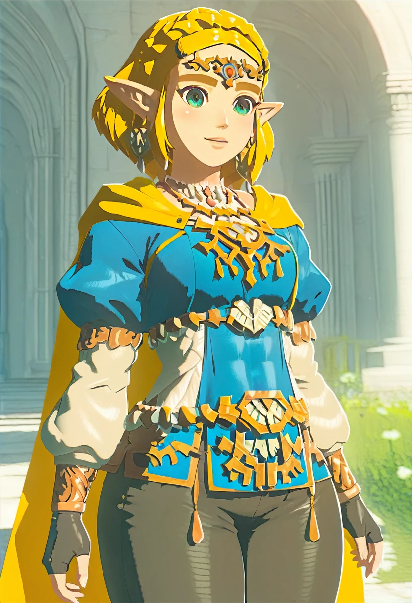 jambes grasses, gros seins, (extremely fine and beautiful:1.1), (perfect details:1.1), (finely detailed eyes and detailed face:1.3), Princess Zelda, narrow hips, slender thighs, small ears, pointy ears, braid, hair ornament, hairclip, gloves, fingerless gloves, blue shirt, shirt, long sleeves, crown braid, bangs, pants, black gloves, green eyes, parted bangs, black pants, blonde hair, short hair, long hair, cape, sidelocks, hood, thick eyebrows, jewelry, hooded cape, belt, tight pants, tight, puffy sleeves, belly fat, (lonely lost path)