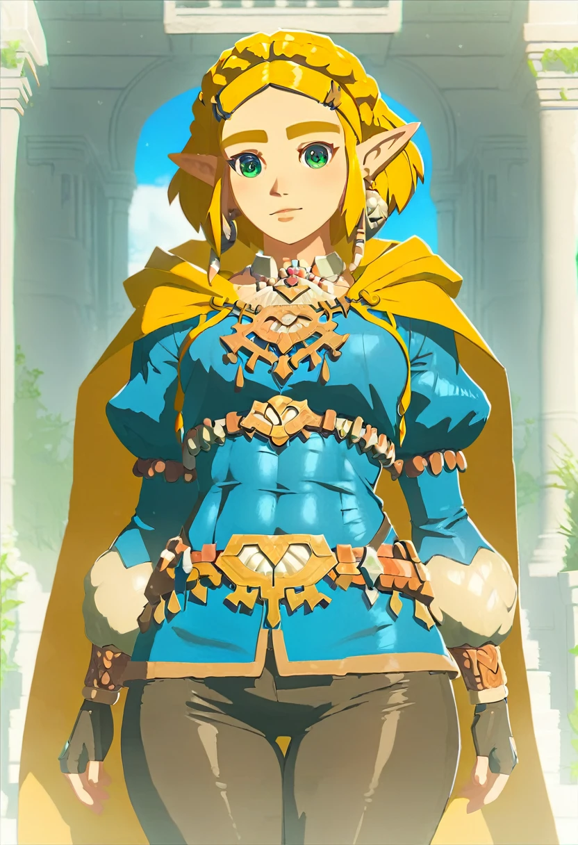 jambes grasses, gros seins, (extremely fine and beautiful:1.1), (perfect details:1.1), (finely detailed eyes and detailed face:1.3), Princess Zelda, narrow hips, slender thighs, small ears, pointy ears, braid, hair ornament, hairclip, gloves, fingerless gloves, blue shirt, shirt, long sleeves, crown braid, bangs, pants, black gloves, green eyes, parted bangs, black pants, blonde hair, short hair, long hair, cape, sidelocks, hood, thick eyebrows, jewelry, hooded cape, belt, tight pants, tight, puffy sleeves, belly fat, (lonely lost path)