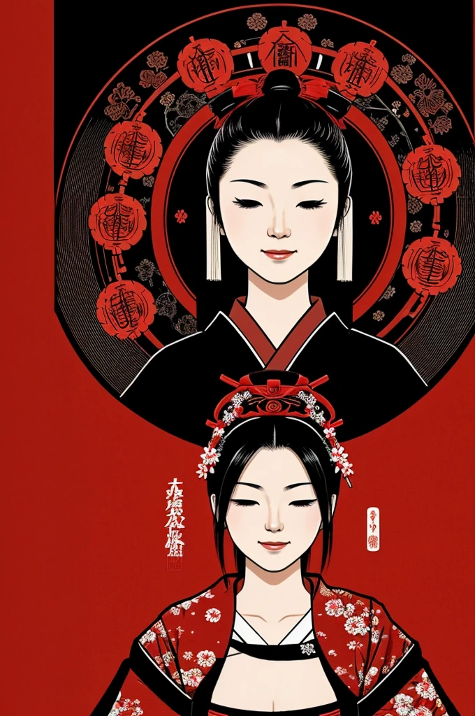 Image with the theme of Japanese culture, with a black and red background, including the phrase "Happiness has no end"