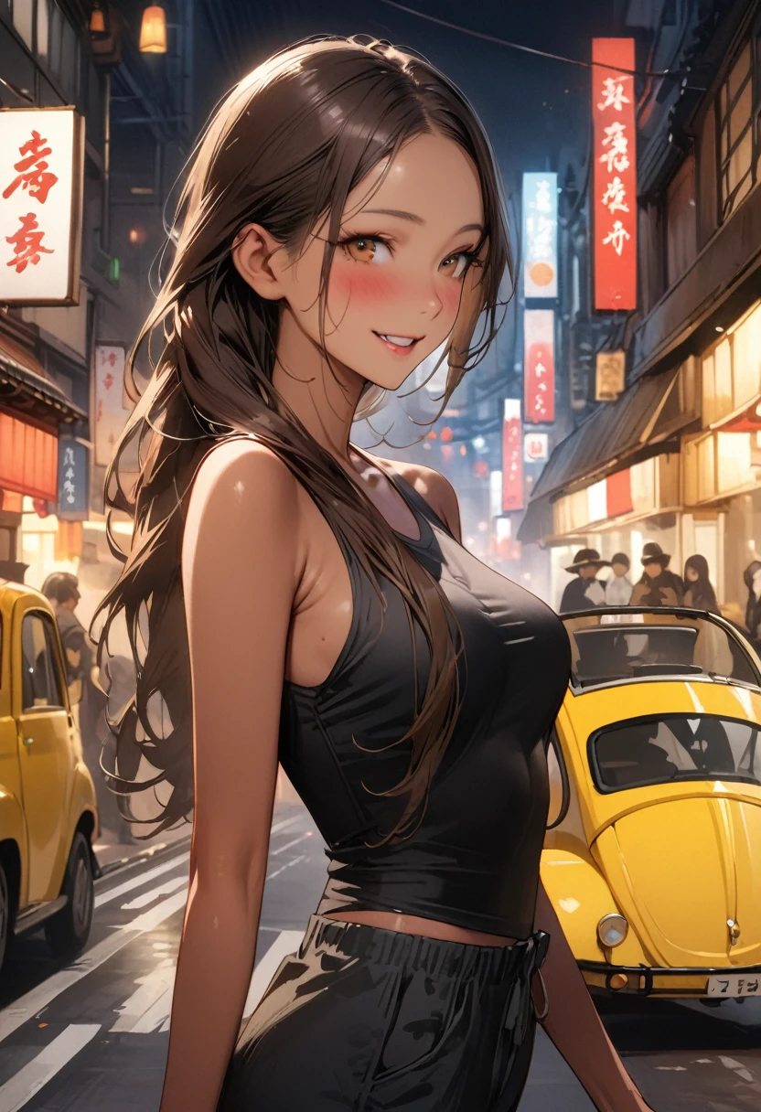 ((masterpiece,Highest quality:1.3,best quality illustration,realistic)),cowboy shot,独奏,1woman,(Mature Japan beauties)、brown hair,long hair,center parted bangs,brown eyes,gorgeous eyes,((very small head:1.3)),blush,smile,((very long body:1.2,skinny)),medium breasts,(tan skin:1.4), (gleaming skin,toned body,slender body),Street fashion、Black tight T-shirt、Yellow Buggy cargo pants、on street,Tokyo、