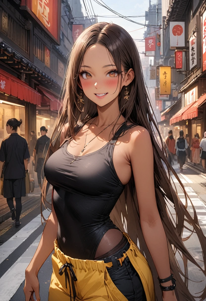 ((masterpiece,Highest quality:1.3,best quality illustration,realistic)),cowboy shot,独奏,1woman,(Mature Japan beauties)、brown hair,long hair,center parted bangs,brown eyes,gorgeous eyes,((very small head:1.3)),blush,smile,((very long body:1.2,skinny)),medium breasts,(tan skin:1.4), (gleaming skin,toned body,slender body),Street fashion、Black tight T-shirt、Yellow Buggy cargo pants、on street,Tokyo、