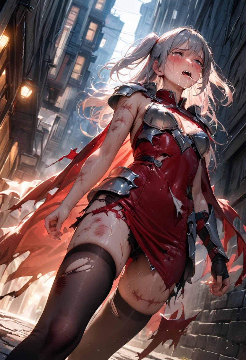 (best quality), (masterpiece, realistic), high res, all detailed, perfect anatomy, (two side up), long hair, silver hair, (red pencil Dress, single shoulders armor, single shoulders Cape, pencil miniskirt), medium cleavage, black thigh-highs, (injury skin, scar skin, bleeding skin, torn clothes:1.2), Broken Armor, BREAK NSFW, solo, 1girl, (tears:1.18), sigh, blush, sweat, saliva trail, (outdoors, street, stone flooring), cinematic lighting, diffraction spikes, zettai ryouiki, (from below),