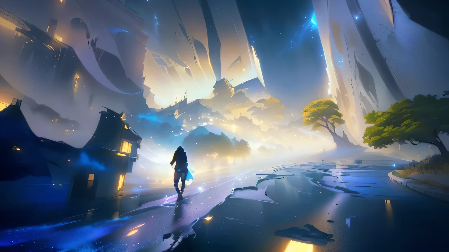 anime scene of a man walking through a dark, empty area, makoto shinkai cyril rolando, concept art magical highlight, rossdraws global illumination, cyril rolando and goro fujita, magical concept art, dreamlike digital painting, a beautiful artwork illustration, inspired by Cyril Rolando, stunning! concept art, concept art digital illustration