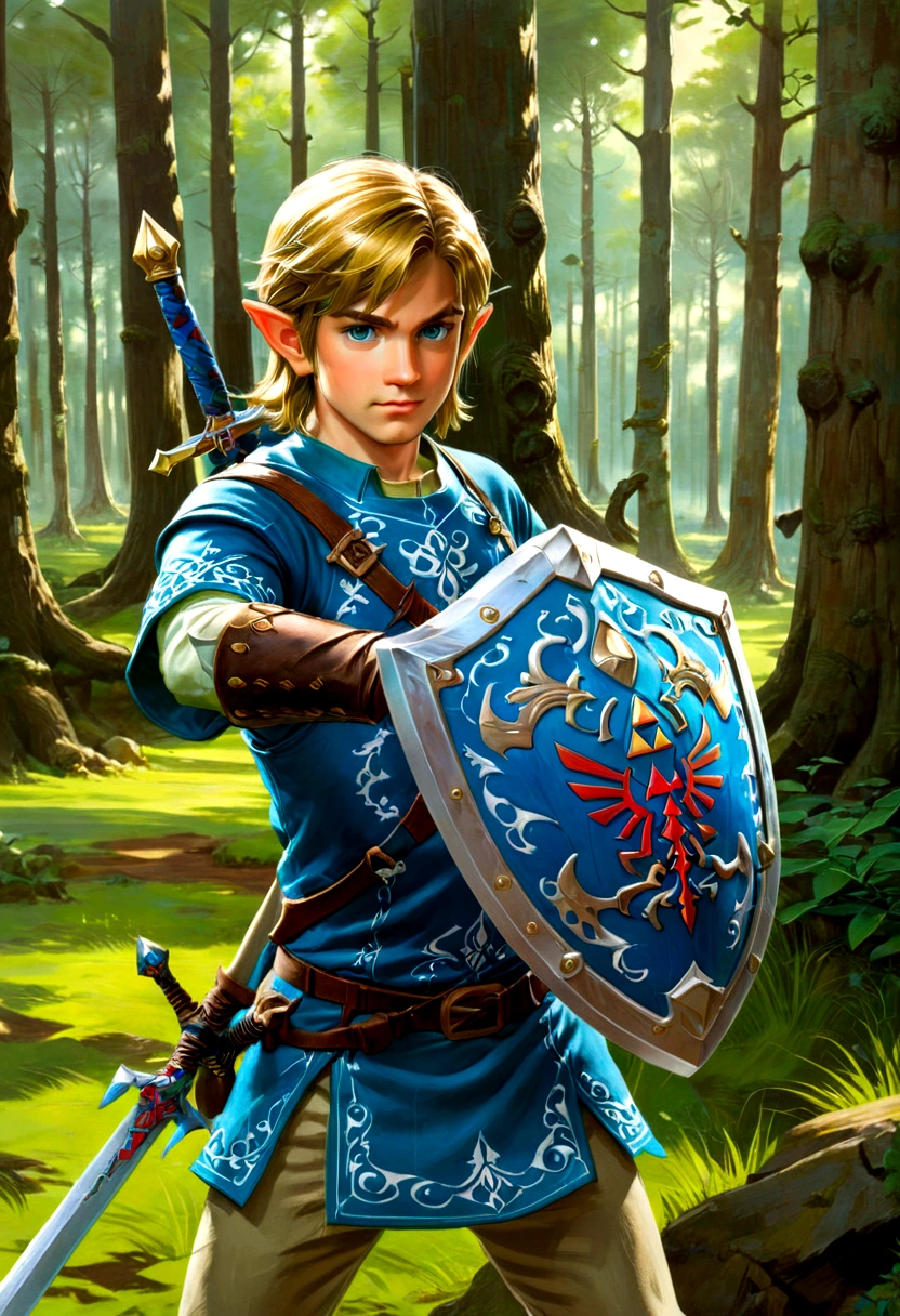 1boy, Link, The Legend of Zelda, Generate a high-fidelity, detail-oriented closeup of Link from the Legend of Zelda holding a sword and shield. The setting is a forest background, with elements such as trees and shrubs subtly included in the background. The image should mimic the texture and depth of an oil painting, expressing the character's confident nature yet also its beauty in a poignant and compelling way, influenced by the art of Lou Xaz, masterpiece, best quality, very aesthetic, absurdres