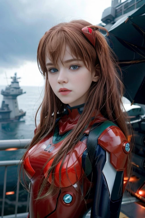 4K, 8K, (Masterpiece, best quality:1.2), blue eyes, perfect face, cosplay, professional photo, photo, photorealism, modelshoot style, portrait of shirogane, red plugsuit, feminine, plants, upper body, face shot, storm background, sad background, rain wind, on aircraft carrier