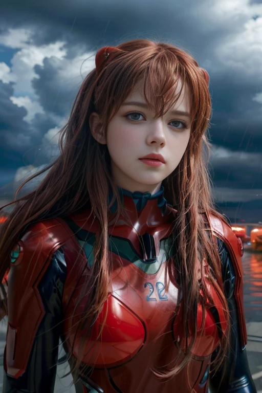 4K, 8K, (Masterpiece, best quality:1.2), blue eyes, perfect face, cosplay, professional photo, photo, photorealism, modelshoot style, portrait of shirogane, red plugsuit, feminine, plants, upper body, face shot, storm background, sad background, rain wind, on aircraft carrier