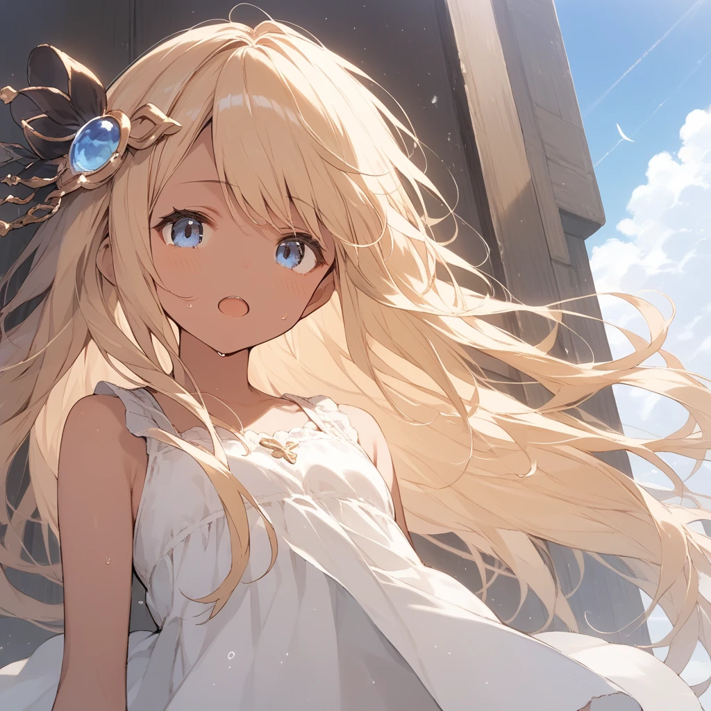 score_9, score_8_up, score_7_up, source_anime, best quality, masterpiece, official art, absurdres, highres, ultra-detailed,waifu2x,Collection: Slice of Life,break,1girl, io \(granblue fantasy\), dark-skinned female, blonde hair, blue eyes,gradient hair, hair ornament, long hair, flat chest, sweat, open mouth, sleepily,  outdoors, wind,break,(clear line illustration:1.2), super detailed skin,very high resolution, very aesthetic, Best sexual lighting powered by famous artist, 8k,cute picture,beauty illustration,photoshop_(medium),,(Detailed Lighting),best anime 8k konachan wallpaper, pixiv contest winner, 