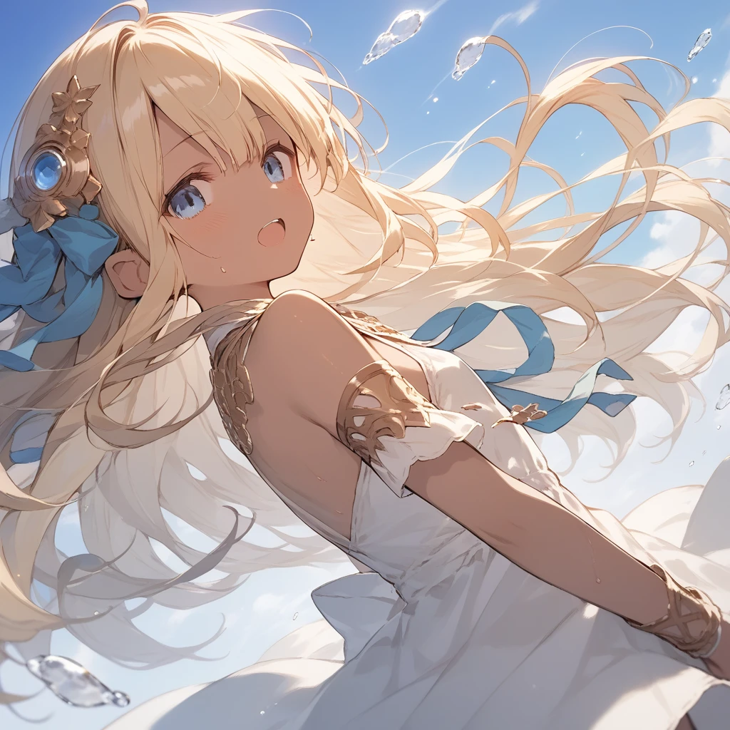 score_9, score_8_up, score_7_up, source_anime, best quality, masterpiece, official art, absurdres, highres, ultra-detailed,waifu2x,Collection: Slice of Life,break,1girl, io \(granblue fantasy\), dark-skinned female, blonde hair, blue eyes,gradient hair, hair ornament, long hair, flat chest, sweat, open mouth, sleepily, outdoors, wind,break,(clear line illustration:1.2), super detailed skin,very high resolution, very aesthetic, Best sexual lighting powered by famous artist, 8k,cute picture,beauty illustration,photoshop_(medium),,(Detailed Lighting),best anime 8k konachan wallpaper, pixiv contest winner,