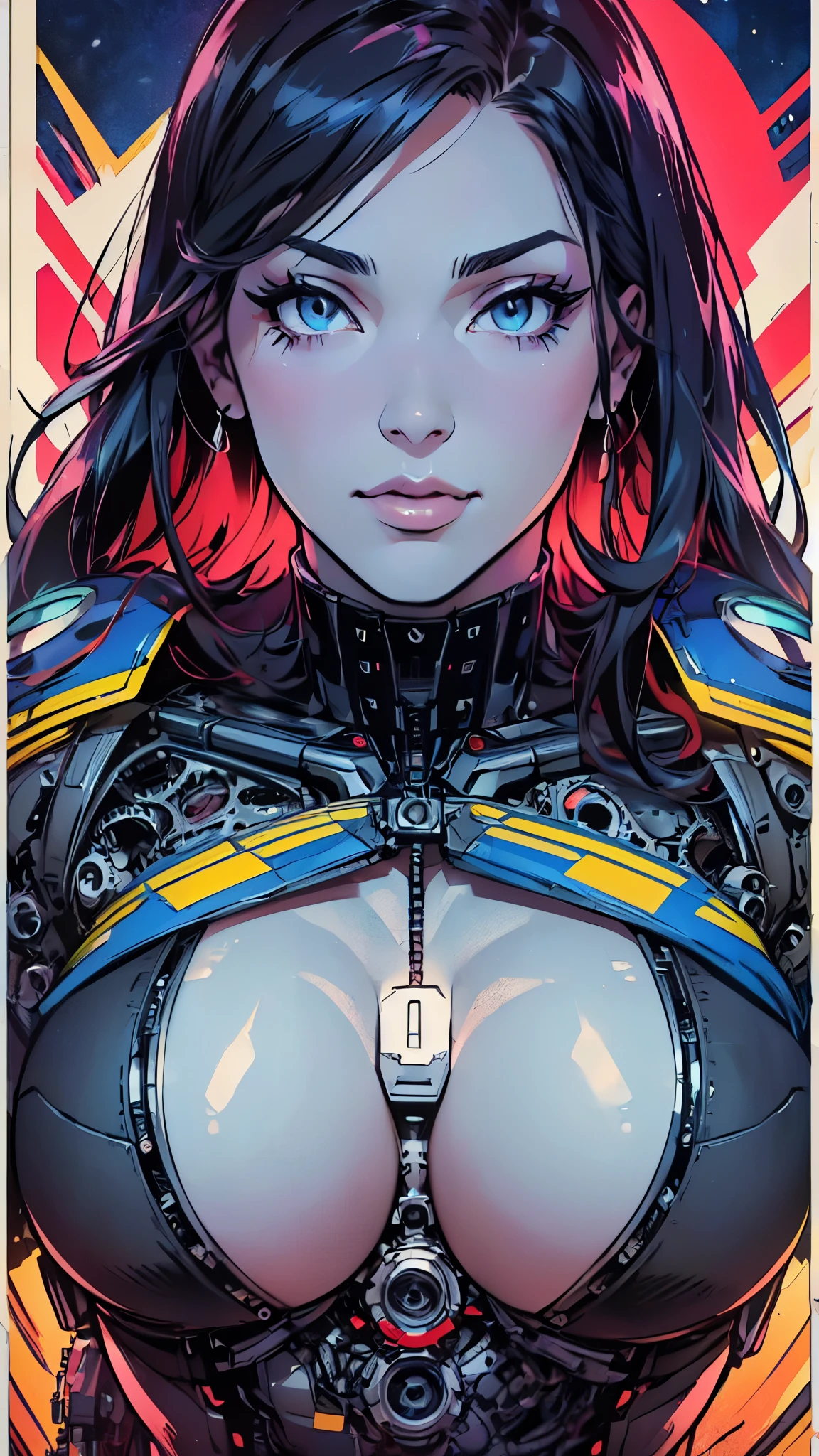 (((ultimate best quality))),((((solo:1.2)))),((((1girl:1.2)))),((((beautiful perfect woman)))),(((detailed perfect body, detailed perfect finger))),((((((ultimate movie poster)))))),(((bust up, close up))),((((detailed complicated machine)))),(((((genius mechanical))))),(((American comics))),(((extreme highlights))),(((Extremely colorful, primary colors))),cleavage, super beautiful lady,(((typography))),text,(((((perfect looking up)))))