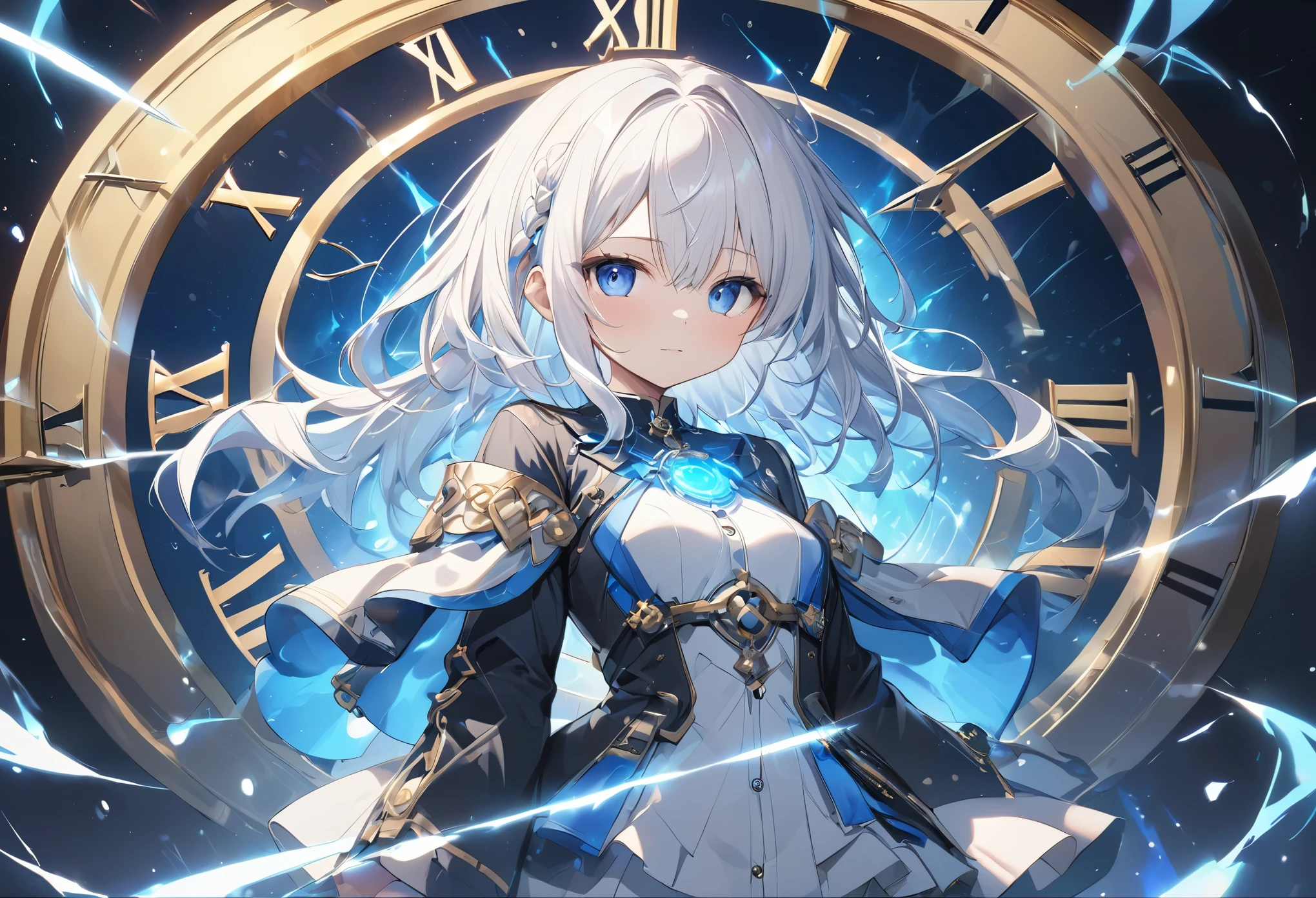 (anime style:1.4),Soft pictorial touches、超High resolution, Attention to detail, high quality, High resolution, 最high quality, 4K, 8K,Blue glowing clock background、White Hair Girl、cute,Beautiful light effect surrounding the body,DonMDj1nnM4g1cXL