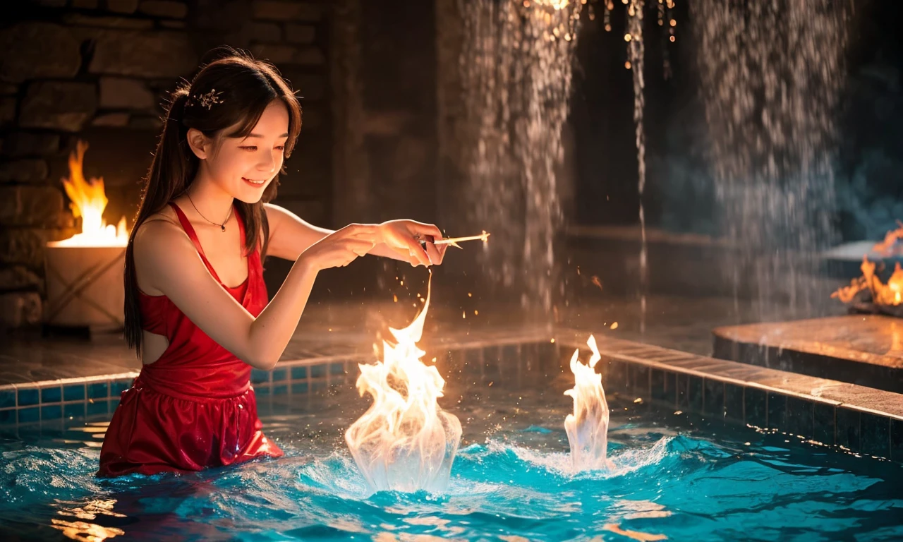Girl happily performs magic while using water magic and fire magic